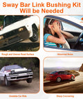 Collage showing effects of worn sway bar links: car on rough road, person stressed by noise, unstable ride, sharp cornering.