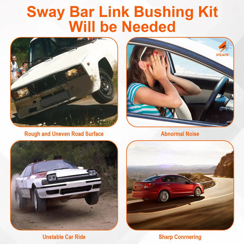 Collage showing effects of worn sway bar links: car on rough road, person stressed by noise, unstable ride, sharp cornering.