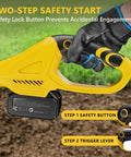 Close-up of 21V Cordless Tiller Cultivator With Two 3.0Ah Batteries showing two-step safety start on handle.
