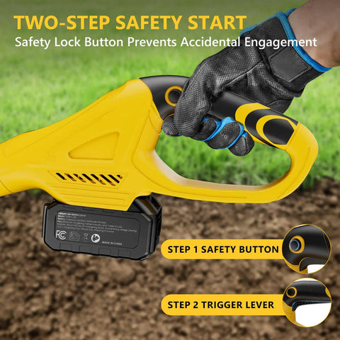 Close-up of 21V Cordless Tiller Cultivator With Two 3.0Ah Batteries showing two-step safety start on handle.