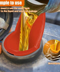 Long Neck Oil Funnel Set 2 Pack Small Plastic Spill Saver Funnels for Automotive Oils Water Diesel Lubricants Engine Oil and Other Liquids Multi Function Handy Car Garage Tool in use with orange funnel pouring liquid into motorcycle tank