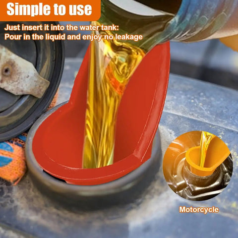 Long Neck Oil Funnel Set 2 Pack Small Plastic Spill Saver Funnels for Automotive Oils Water Diesel Lubricants Engine Oil and Other Liquids Multi Function Handy Car Garage Tool in use with orange funnel pouring liquid into motorcycle tank