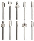 Top Tier 10 Piece Carbide Router Bit Set With One Eighth Inch Shank For Rotary Tools, showing various bit shapes and sizes.