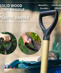 41 Inch Square Shovel With D-Handle for Easy Digging and Snow Clearing, close-up of D-shaped handle on wood and plastic blend.