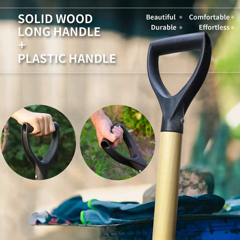41 Inch Square Shovel With D-Handle for Easy Digging and Snow Clearing, close-up of D-shaped handle on wood and plastic blend.