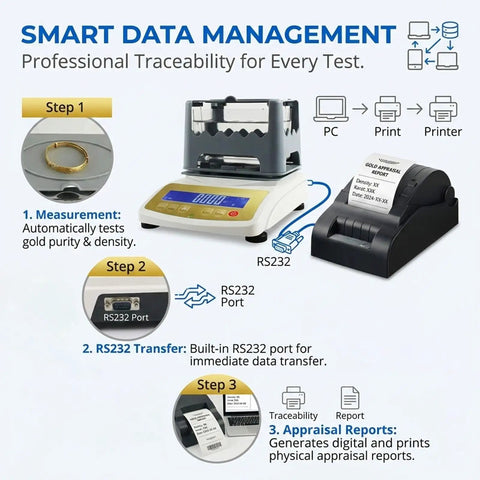 Pro Grade Gold Purity Tester Kit With 0.01g To 0.001g Accuracy Non Destructive Verifier with LCD and RS232 for data transfer