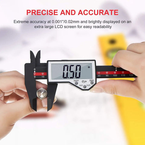 Six Inch Digital Caliper With Auto Off And Large LCD Screen Inch Millimeter Conversion Measures Length Depth Inner Outer Diameter 0.01 Inch Resolution And Plus Minus 0.2 mm Accuracy Carbon Fiber Build For Jewelry And Antique Projects in use measuring a round object