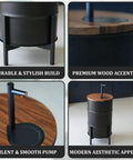 Collage of electric wooden water dispenser details; walnut wood top, black powder-coated base, silent pump, for home or office use.