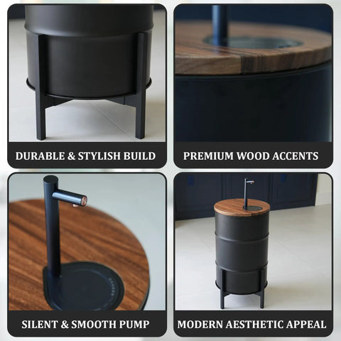 Collage of electric wooden water dispenser details; walnut wood top, black powder-coated base, silent pump, for home or office use.