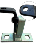 Side view of automotive rear upper left door hinge; metal base plate with two mounting holes and black lever arm.