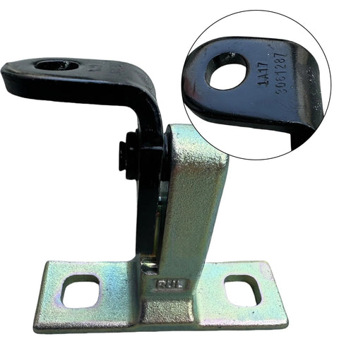Side view of automotive rear upper left door hinge with black arm and zinc-plated base; inset shows mounting hole.
