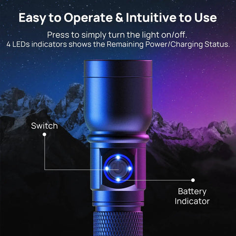 Close-up of LED power switch and battery indicator on 2 Pack USB-C Rechargeable 365nm UV Blacklight Flashlights for use.