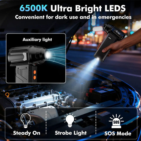 Beast Mode Cordless Air Duster With LED Light, 180000 RPM turbo cleaning shown illuminating car engine at night