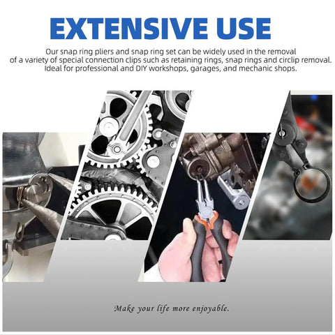 Close-up of Do-It-Yourself Ready Circlip And E-Clip Kit With Snap Ring Plier Set And Tweezer in machining use, 312Pcs 65Mn Steel.