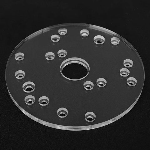 Clear Universal Router Sub Base Plate With Centering Pin And Mounting Screws For Trim Routers, 164mm diameter, solid acrylic material.
