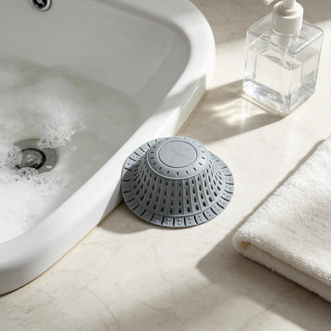 Bathtub Drain Strainer Silicone Bathroom Stopper Fixture in gray positioned beside bubble bath and a towel.