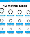 Chart showing 12 metric C-clip sizes from 2mm to 16mm with ID and OD dimensions for All-In-One Pro-Grade 324Pcs C Clips And E Clips Kit.