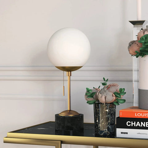 18 Inch Tall Table Lamp With Glass Shade In Brass Black Marble And White Milk Glass For Home Office Living Room Nightstand Soft Diffused Glow