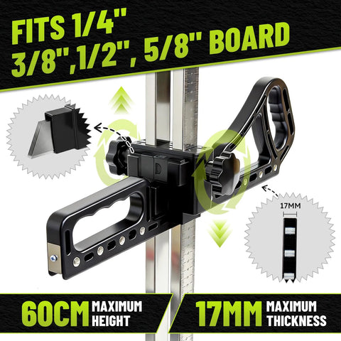 Front view of Zozen drywall cutter, foldable tool with 10 blades and storage slot; adjustable height for 1/4-5/8 in boards.