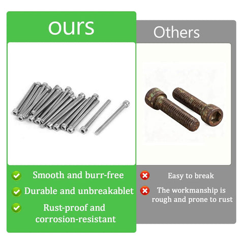 Comparison of 100 Pack M3 X 40mm Socket Head Cap Screws Kit In 304 Stainless Steel with rusted screws, highlighting durability and finish.