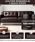 Dark Brown Leather Recoloring Balm And Quick Furniture Repair Kit to Smooth Over Scratches next to a dark brown leather couch.