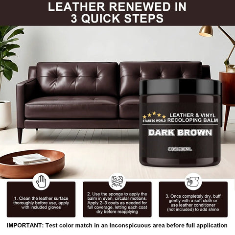 Dark Brown Leather Recoloring Balm And Quick Furniture Repair Kit to Smooth Over Scratches next to a dark brown leather couch.