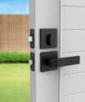 Heavy Duty Entrance Door Levers Set With Entry Lever Handle, Single Cylinder Deadbolt Lock And Keyed Entry, Matte Black Finish on door