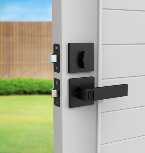 Heavy Duty Entrance Door Levers Set With Entry Lever Handle, Single Cylinder Deadbolt Lock And Keyed Entry, Matte Black Finish on door