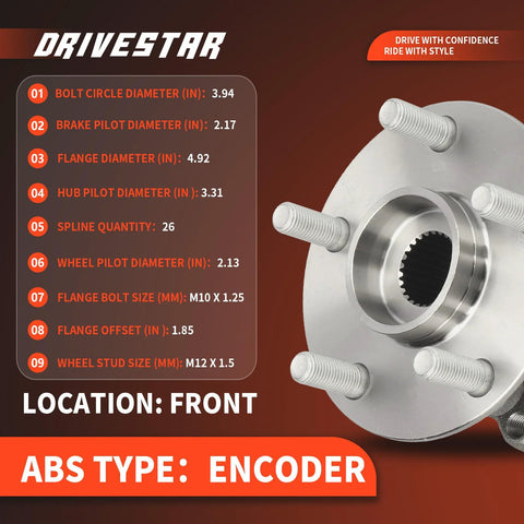 Front Wheel Hub And Bearing Assembly Pair For Toyota Prius 2010 2015 And Prius Plug In 2012 2015 Also Fits Lexus CT200h 2011 2016 Includes Driver And Passenger Sides, showing specifications.