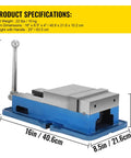 6 Inch Accu Lock Down Milling Vise for Drill Press with specifications table and dimensions shown.
