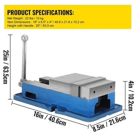 6 Inch Accu Lock Down Milling Vise for Drill Press with specifications table and dimensions shown.