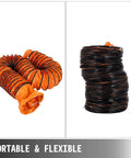 32 Ft PVC Flexible Duct Hose For 12 Inch Ventilation And Exhaust Fans, coiled and extended view, orange and black, flame retardant.