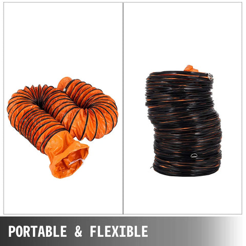32 Ft PVC Flexible Duct Hose For 12 Inch Ventilation And Exhaust Fans, coiled and extended view, orange and black, flame retardant.