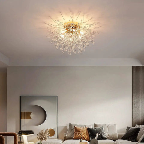Six Light Sputnik Flush Mount Ceiling Light In Gold With Crystal Firework Design Close To Ceiling Fixture in living room
