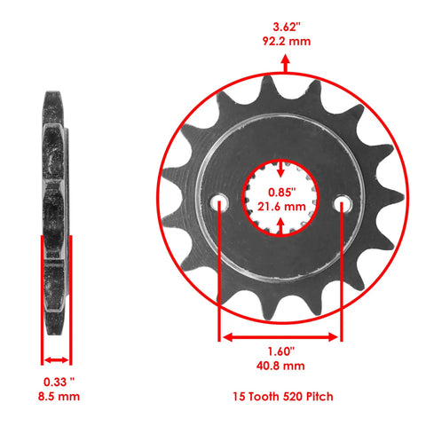 Red O Ring Drive Chain And Sprockets Kit For Honda TRX400EX Sportrax 400 1999 2004, front sprocket dimensions shown.