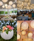 12 Pack White LED Paper Lanterns With Hanging Lights Includes 6 8 10 And 12 Inch Sizes Battery Powered LEDs in event decor.