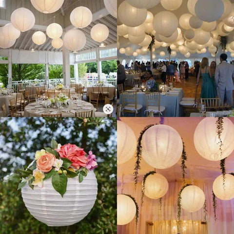12 Pack White LED Paper Lanterns With Hanging Lights Includes 6 8 10 And 12 Inch Sizes Battery Powered LEDs in event decor.