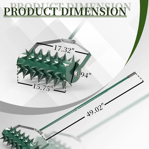 Rolling Lawn Aerator With Double Spike Design, Heavy Duty Manual Aerator Tool, Adjustable Handle shown with dimensions