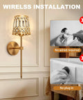 Gold Rechargeable Wireless Wall Sconces Set Of 2 With Remote Dimmable accent lamp showing wireless installation on wall.