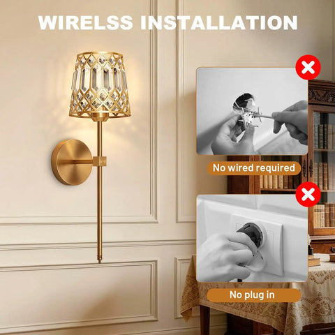 Gold Rechargeable Wireless Wall Sconces Set Of 2 With Remote Dimmable accent lamp showing wireless installation on wall.