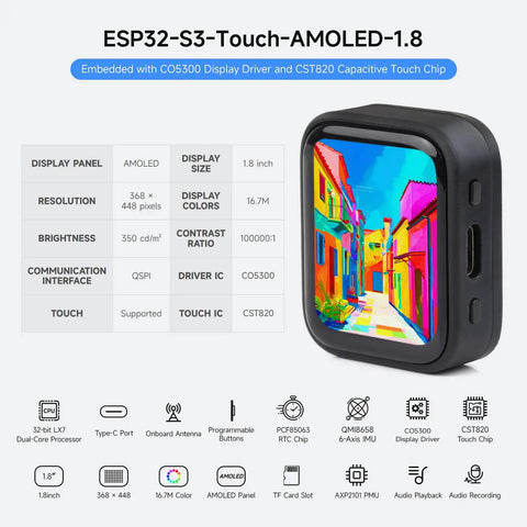 Dope Esp32-S3 1.8 Inch Amoled Touch Screen Module Featuring Ft3168 Capacitive Chip and Xtensa Dual Core Processor With Bluetooth and Wifi Support For Your Next Hella Cool Diy Project, showing color display and touch interface.