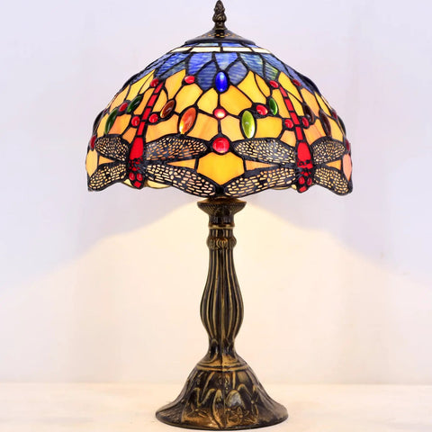Tiffany Style Stained Glass Dragonfly Bedside Lamp With Orange And Blue Glass Shade 12x12x18 Inches 18 Inch Tall