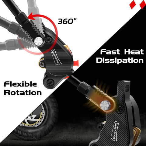 High Performance Electric Scooter Hydraulic Disc Brake Kit With Two Pin Power Off System showing 360 degree rotation and heat dissipation