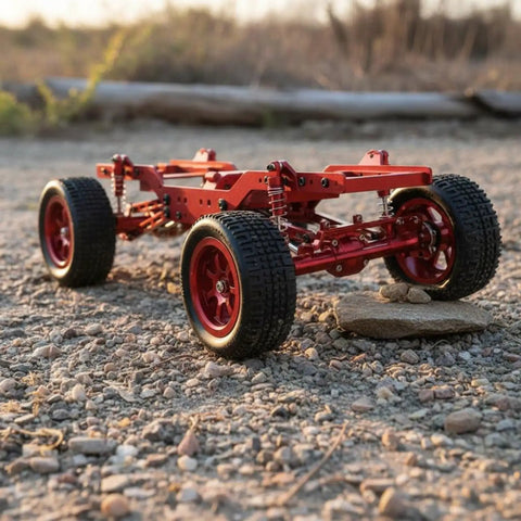 12-Scale RC Aluminum Alloy Chassis Kit For DIY Electric Car Build on rocky terrain with sturdy black frame and red wheels