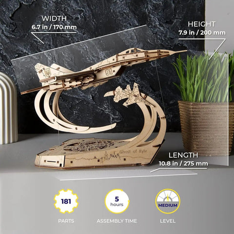 Ghost Of Kyiv Ukrainian Fighter 3D Puzzle Jet Model Kit With Movable Ailerons Wing Flaps And Tail Rudders Retractable Landing Gear MiG 29 Military Aircraft Replica Built For Builders And Collectors Who Dig Real Jet Details. 1:72 wooden model on display