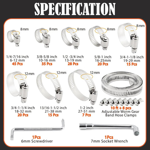 All Purpose 185 Piece Stainless Steel Hose Clamps Kit With 8 Sizes Heavy Duty Adjustable Worm Gear Clamps From One Quarter Inch To Two Inches For Fuel Lines Pipes Automotive Radiator Plumbing And Garden, showing various clamp sizes with tools.