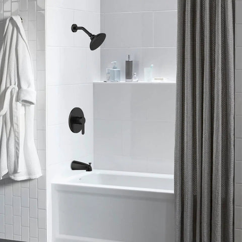 Matte Black Tub And Shower Faucet Set With Valve And 6 Inch Rain Shower Head Easy Install Tub Shower Combo in modern bathroom