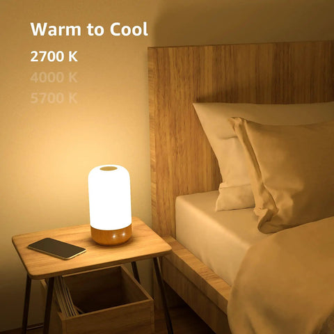 Wood Grain LED Table Lamp With Touch Dimmer For Bedside Auto Off Timer 350 Lm Soft Warm White Or Daylight Cool White Dope RGB Mood Lighting For Bedroom Nightstand And Living Room