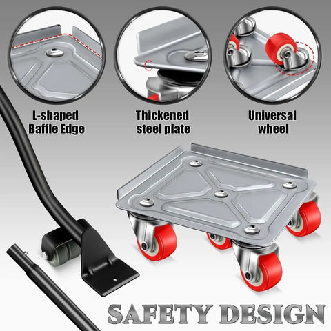 Heavy Duty 500kg Furniture Moving Dollies With Pry Bar, 4 Carbon Steel Square Dollies With Non Slip Pads And Swivel Casters, Perfect For Couches, Cabinets, Appliances, showing close-up of steel plate and swivel casters