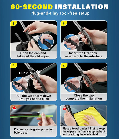 Installation guide for Premium Silicone Windshield Wiper Blades 24 and 18 Inch Set showing easy steps and tool-free setup.
